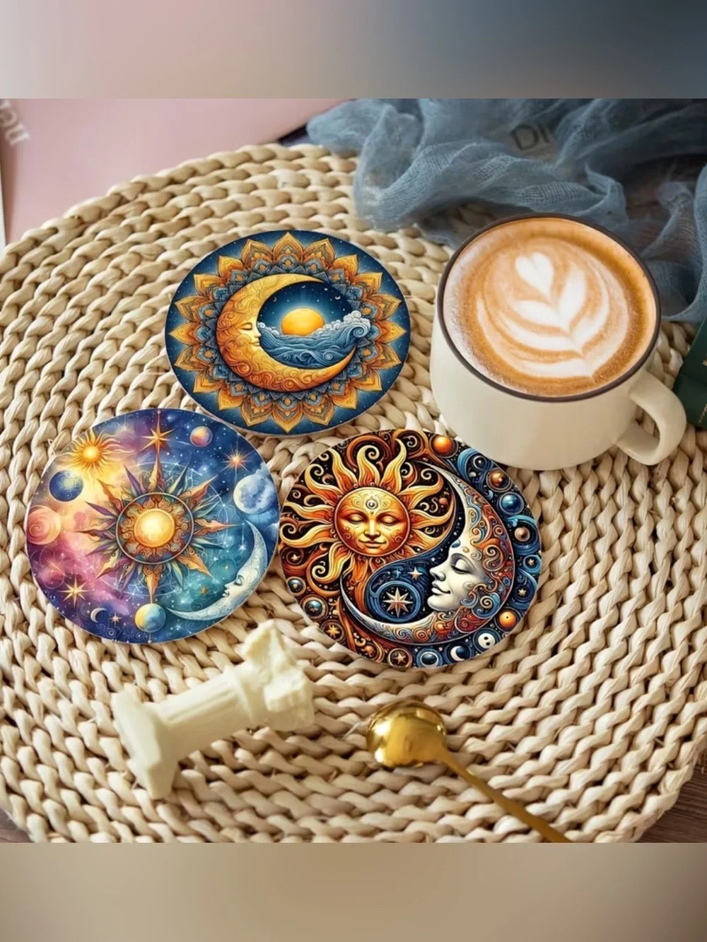 8 Piece Celestial Sun & Moon Round Drink Coasters – Multicolor Set